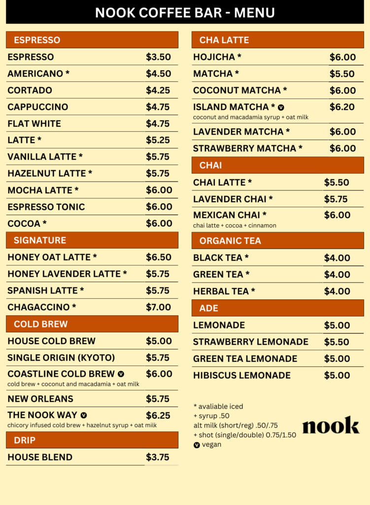 Nook Coffee Bar Menu
